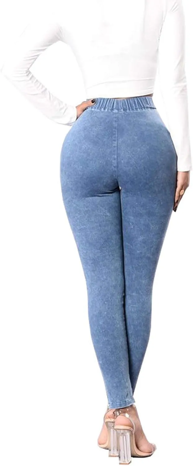 ECDAHICC Womens High Elastic Waist Demin Pants Pull On Skinny Ruched Legging Jeans Butt Lifting Slim Pencil Trousers