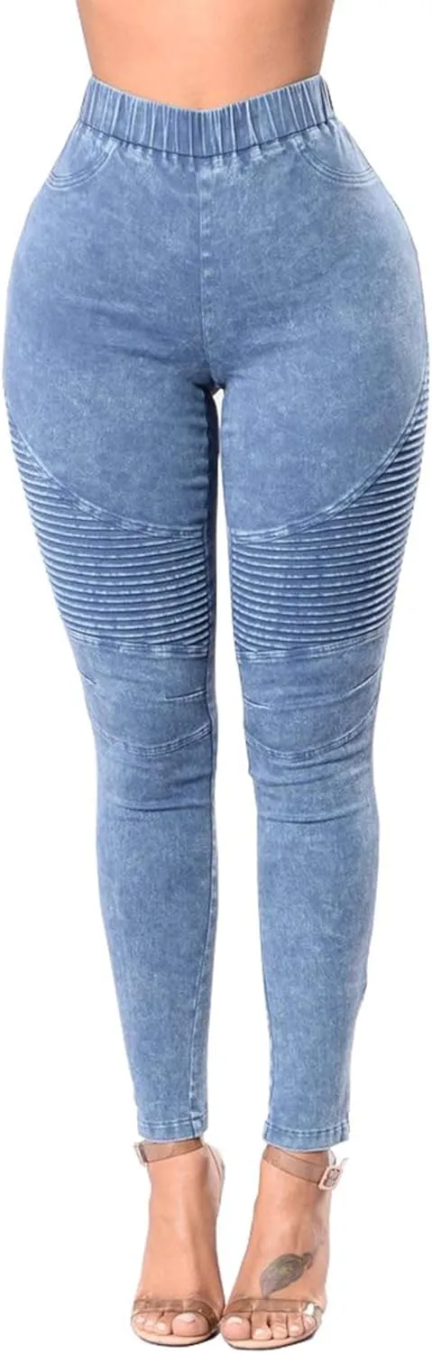 ECDAHICC Womens High Elastic Waist Demin Pants Pull On Skinny Ruched Legging Jeans Butt Lifting Slim Pencil Trousers