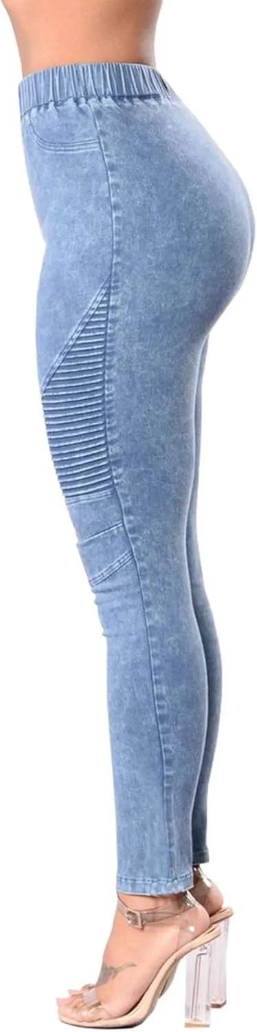 ECDAHICC Womens High Elastic Waist Demin Pants Pull On Skinny Ruched Legging Jeans Butt Lifting Slim Pencil Trousers