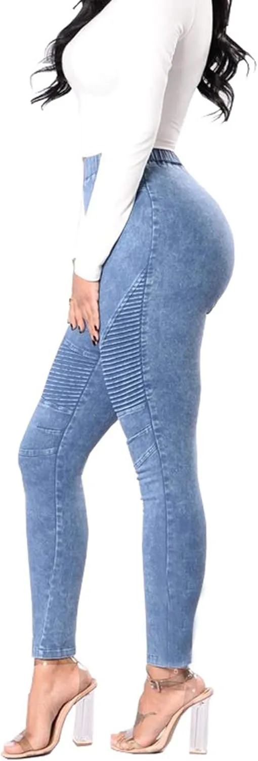 ECDAHICC Womens High Elastic Waist Demin Pants Pull On Skinny Ruched Legging Jeans Butt Lifting Slim Pencil Trousers