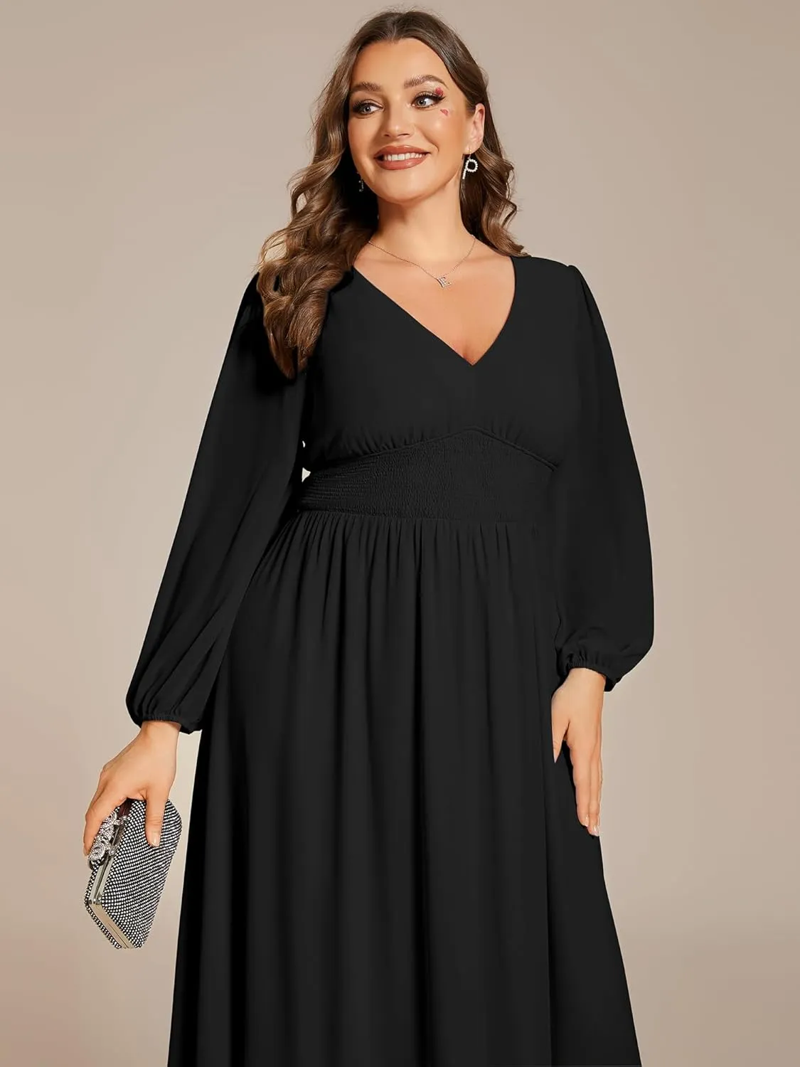 Ever-Pretty Women's A Line V Neck Lantern Sleeves Midi Plus Size Formal Fresses for Curvy Women 01929-DA