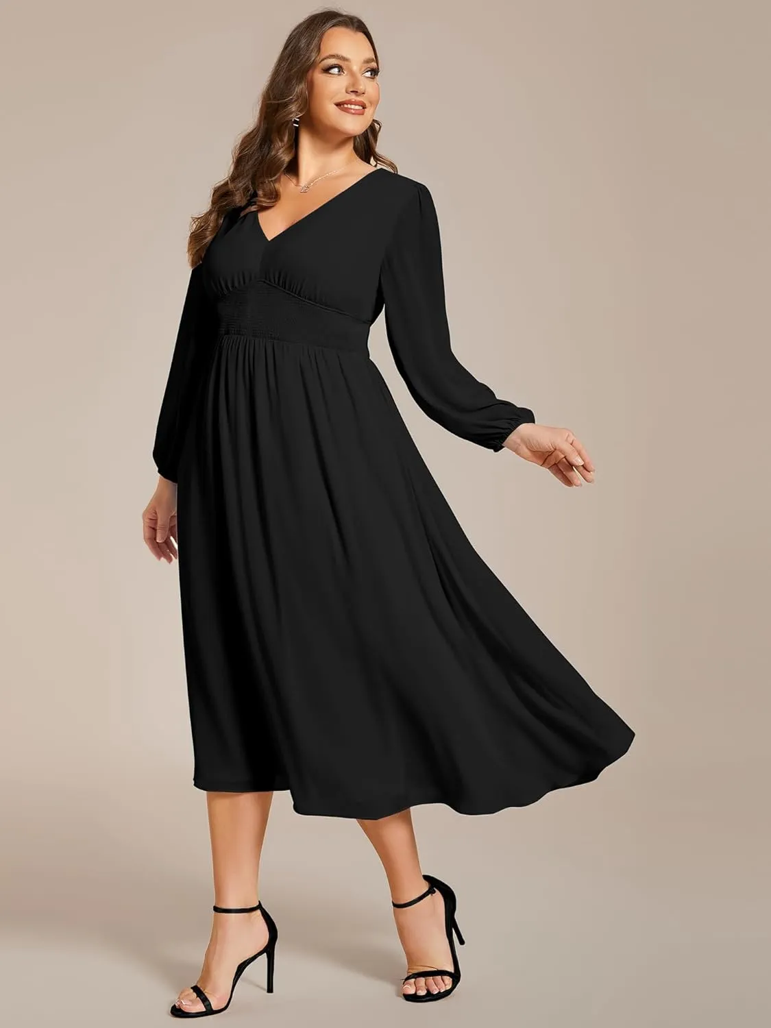 Ever-Pretty Women's A Line V Neck Lantern Sleeves Midi Plus Size Formal Fresses for Curvy Women 01929-DA