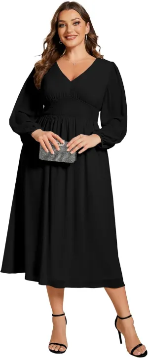 Ever-Pretty Women's A Line V Neck Lantern Sleeves Midi Plus Size Formal Fresses for Curvy Women 01929-DA