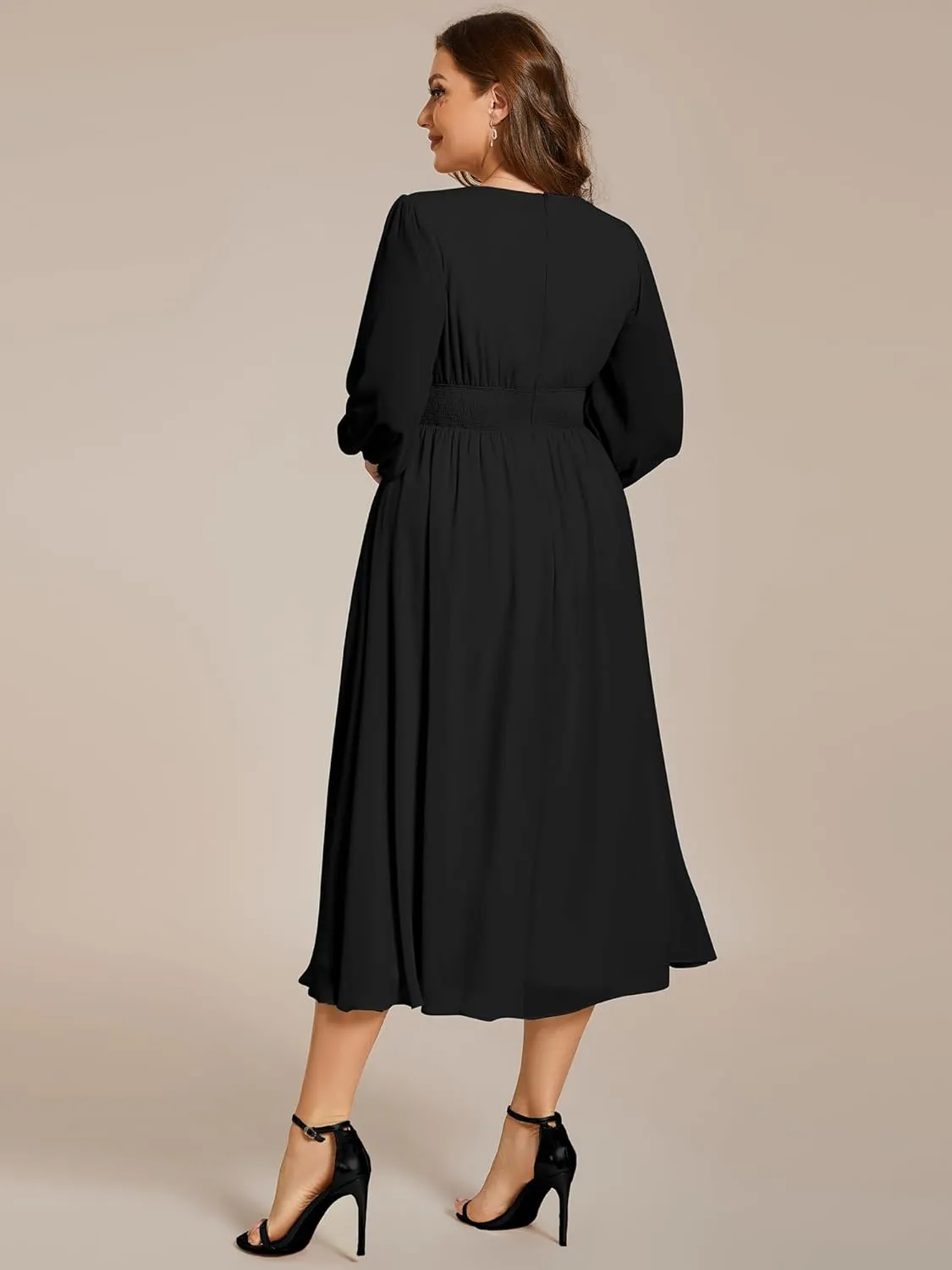 Ever-Pretty Women's A Line V Neck Lantern Sleeves Midi Plus Size Formal Fresses for Curvy Women 01929-DA