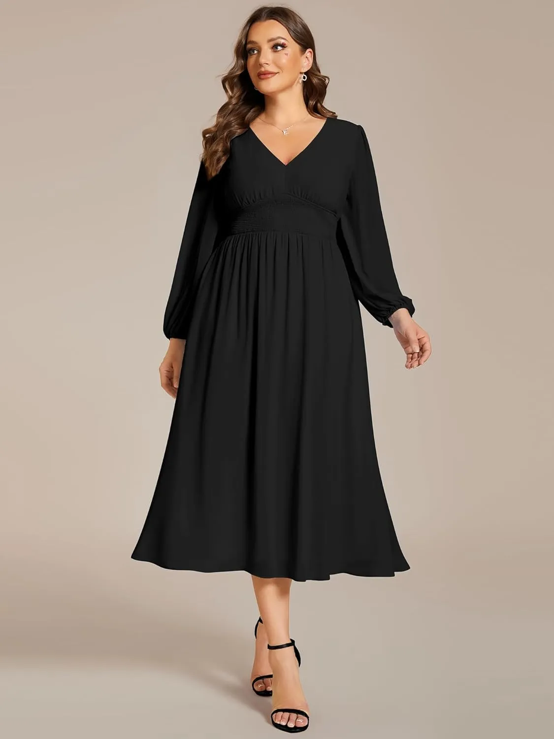 Ever-Pretty Women's A Line V Neck Lantern Sleeves Midi Plus Size Formal Fresses for Curvy Women 01929-DA