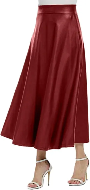 Faux Leather A Line Womens High Waist Skirts Pleather Midi Long Skirt Solid Color Skirt Summer Skirts for Women