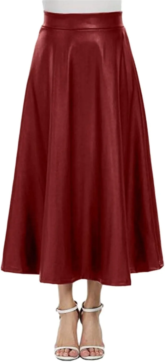 Faux Leather A Line Womens High Waist Skirts Pleather Midi Long Skirt Solid Color Skirt Summer Skirts for Women