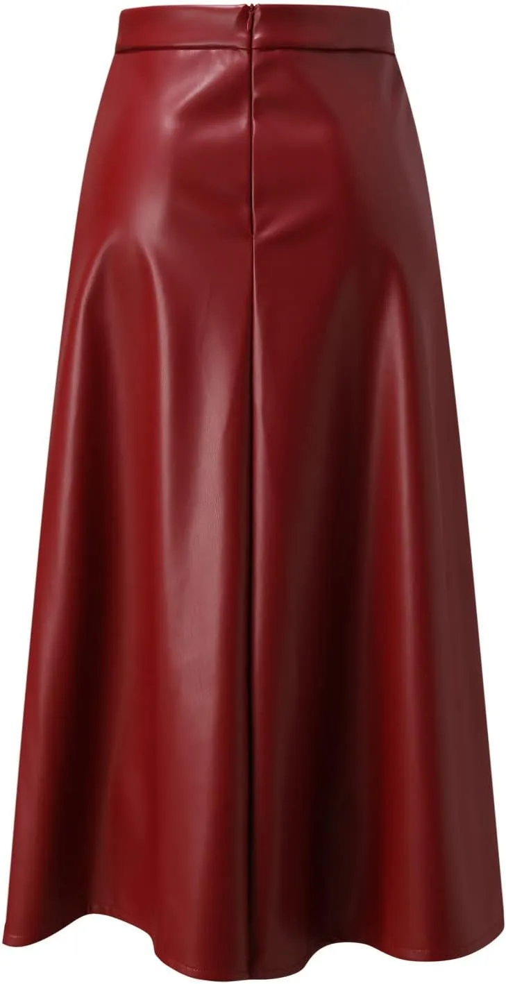 Faux Leather A Line Womens High Waist Skirts Pleather Midi Long Skirt Solid Color Skirt Summer Skirts for Women