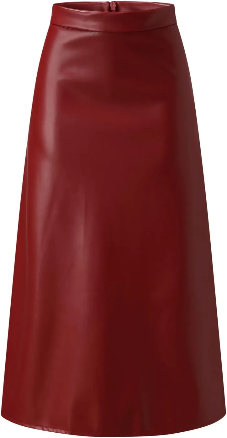 Faux Leather A Line Womens High Waist Skirts Pleather Midi Long Skirt Solid Color Skirt Summer Skirts for Women