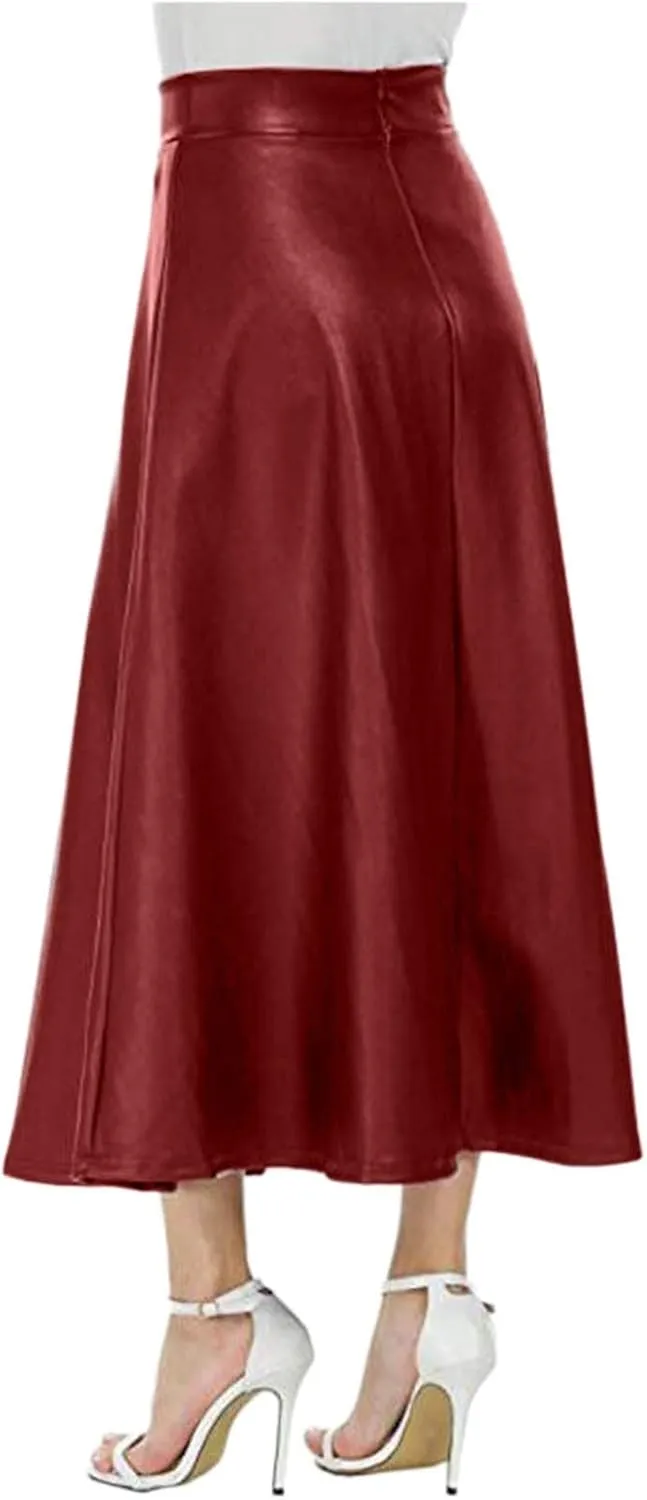 Faux Leather A Line Womens High Waist Skirts Pleather Midi Long Skirt Solid Color Skirt Summer Skirts for Women