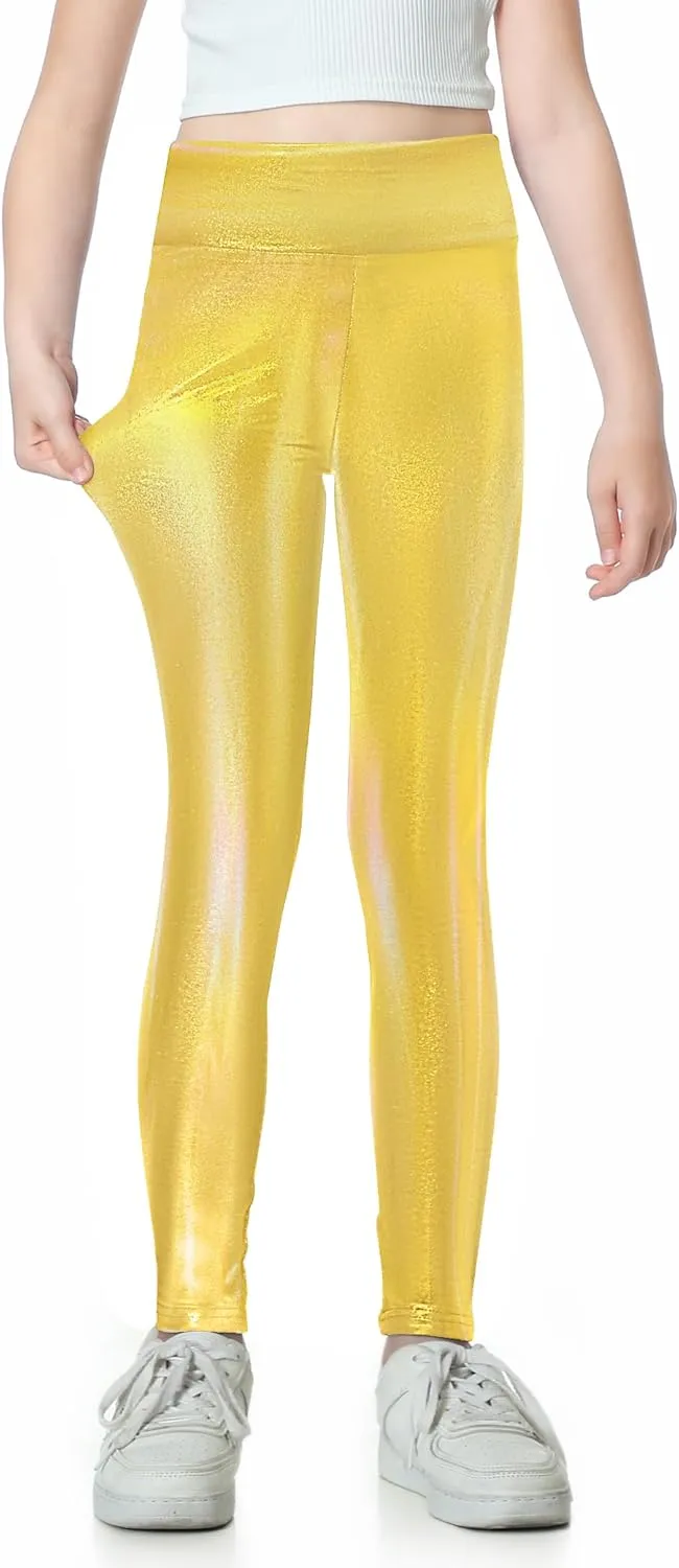 Gnainach Girls Metallic Leggings High Waisted Kids Yoga Pants Stretch Shiny Running Dance Tights for Teen School Workout