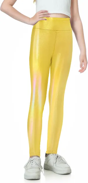 Gnainach Girls Metallic Leggings High Waisted Kids Yoga Pants Stretch Shiny Running Dance Tights for Teen School Workout