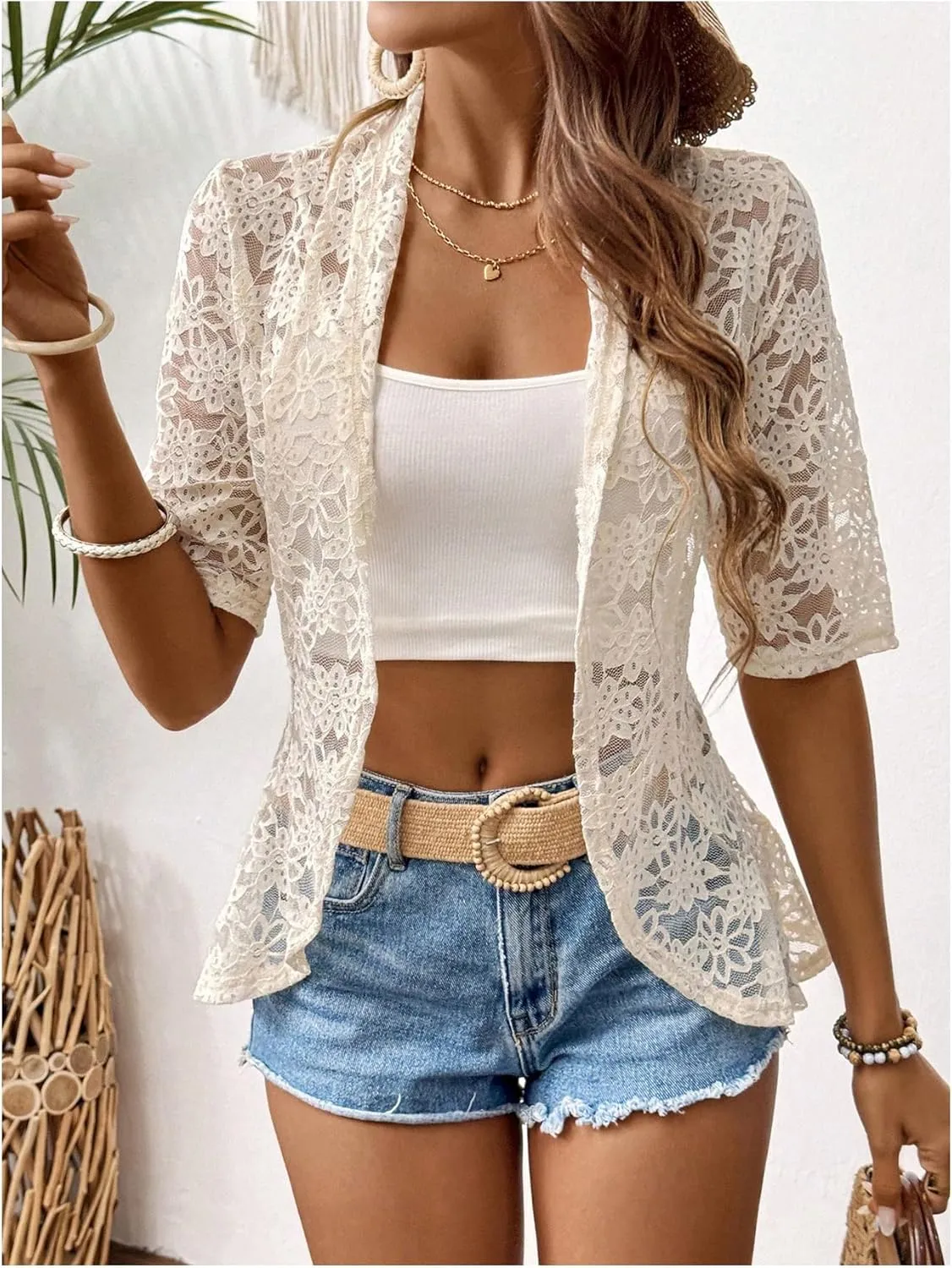GORGLITTER Women's Floral Lace 3/4 Sleeve Bolero Shrugs Sheer Open Front Cardigan Blazer