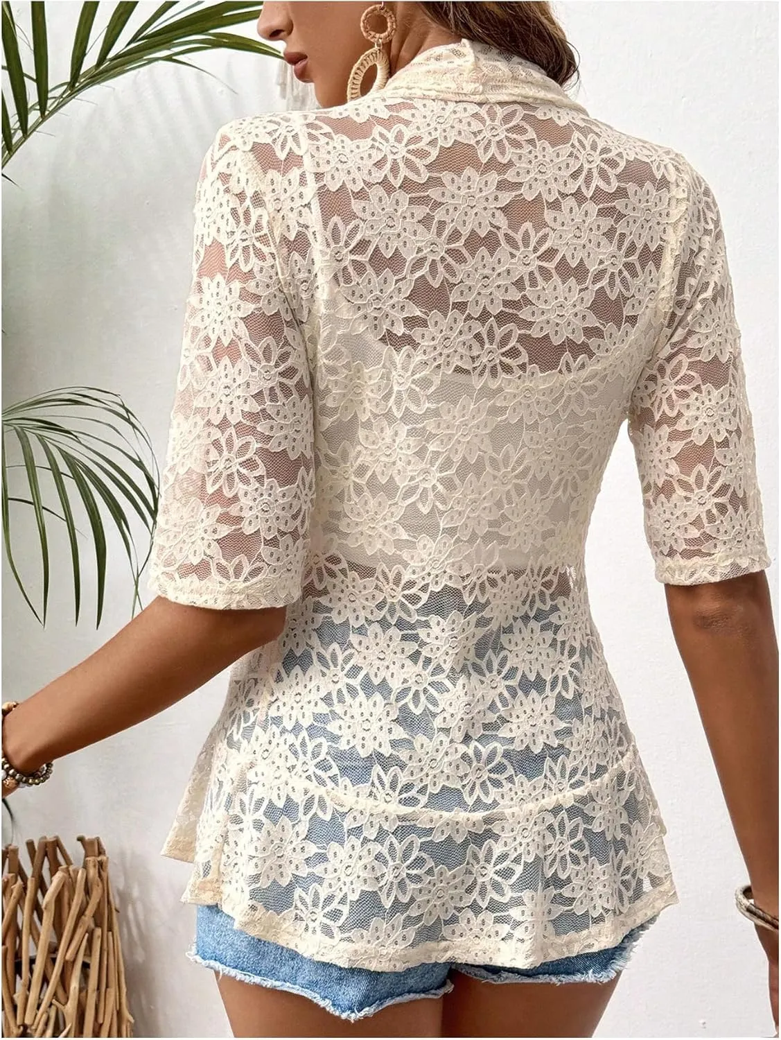 GORGLITTER Women's Floral Lace 3/4 Sleeve Bolero Shrugs Sheer Open Front Cardigan Blazer