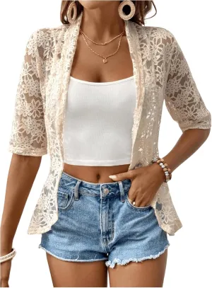 GORGLITTER Women's Floral Lace 3/4 Sleeve Bolero Shrugs Sheer Open Front Cardigan Blazer
