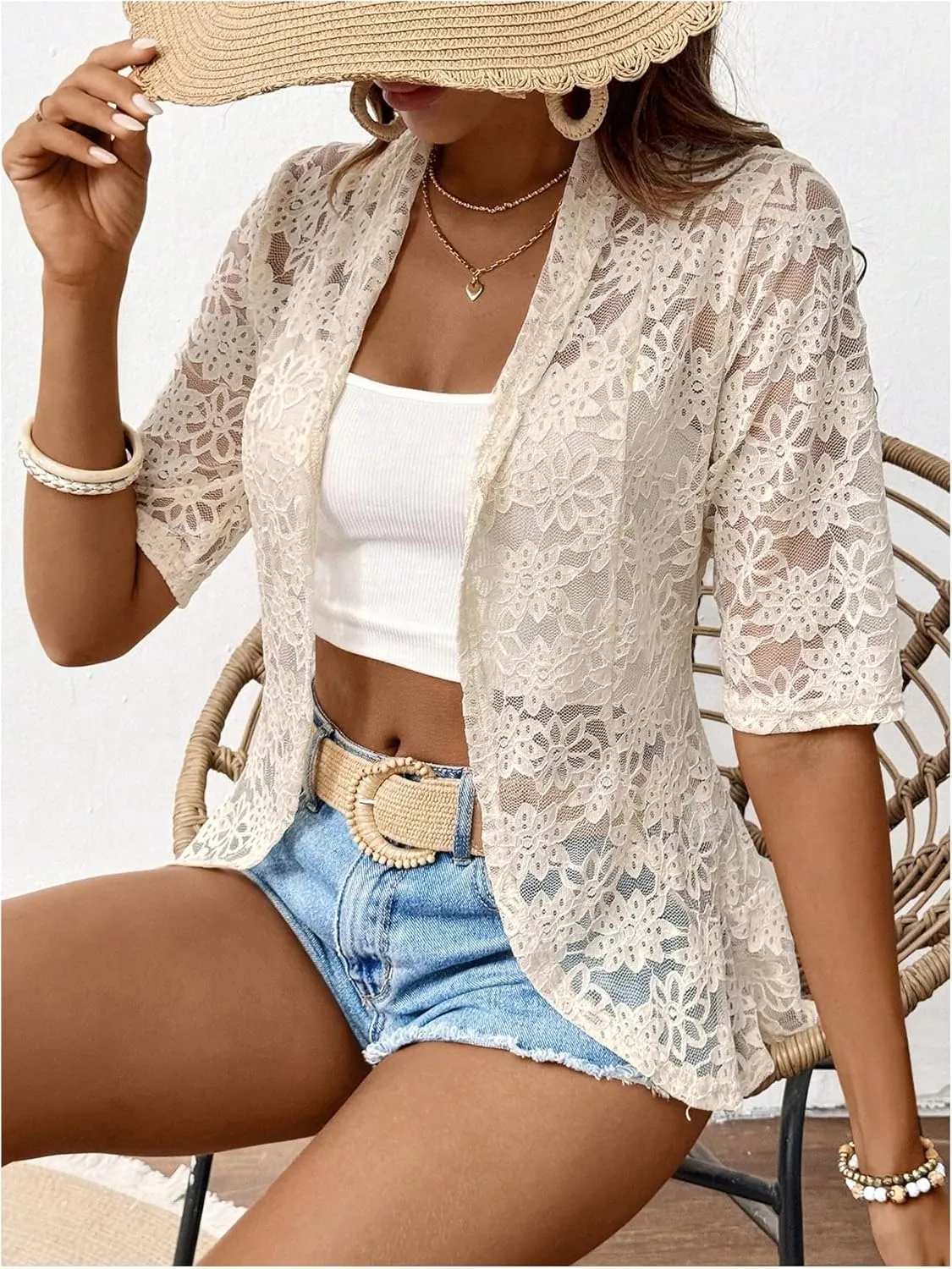 GORGLITTER Women's Floral Lace 3/4 Sleeve Bolero Shrugs Sheer Open Front Cardigan Blazer