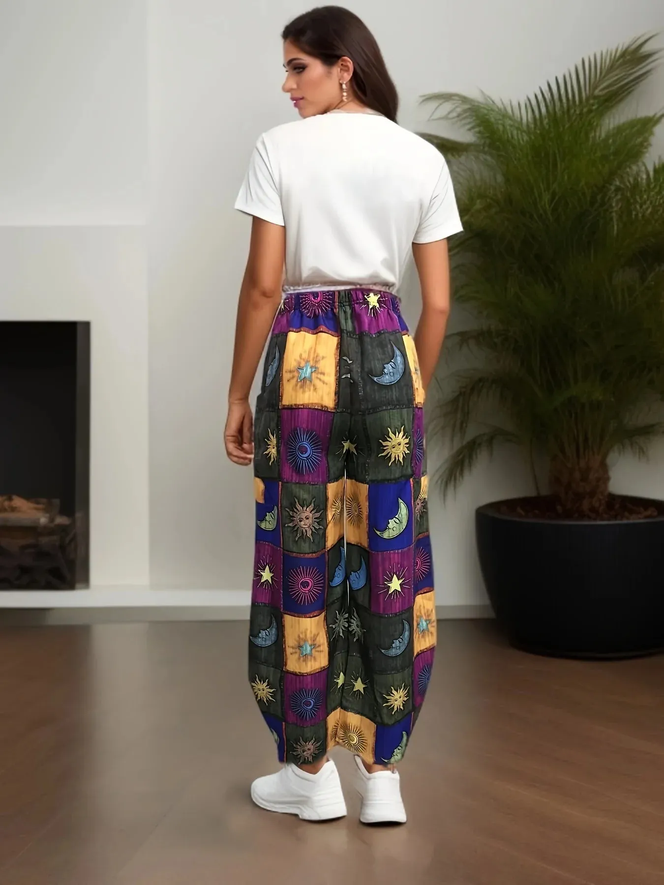 Grunge Hippie Sun and Moon Over Sized Casual Pants
