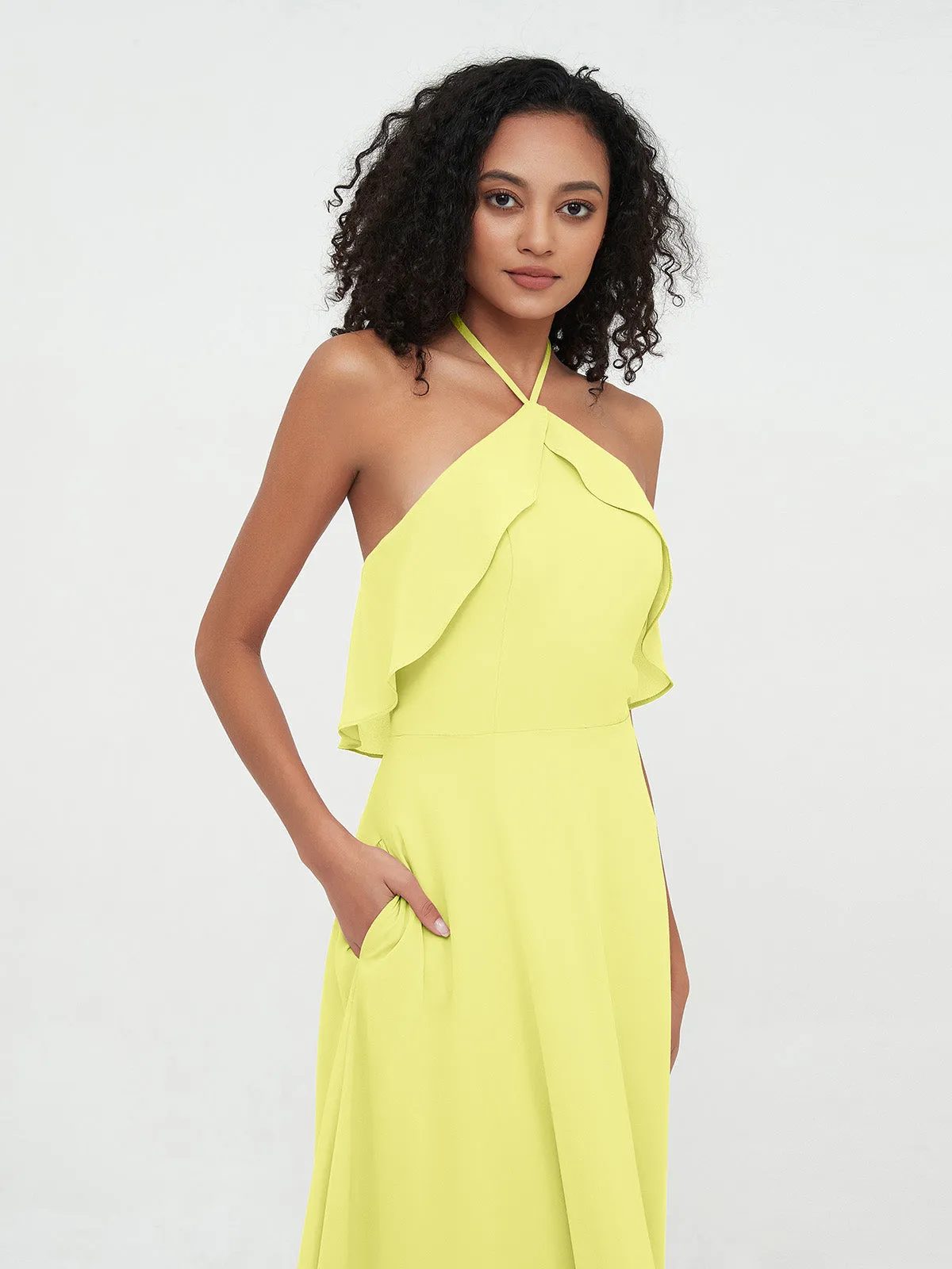 Halter Strap Chiffon Long Bridesmaid Dresses Daffodil Plus Size