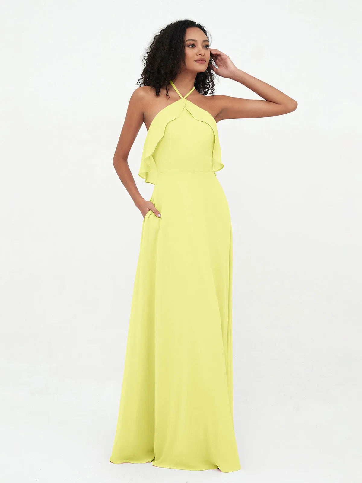 Halter Strap Chiffon Long Bridesmaid Dresses Daffodil Plus Size