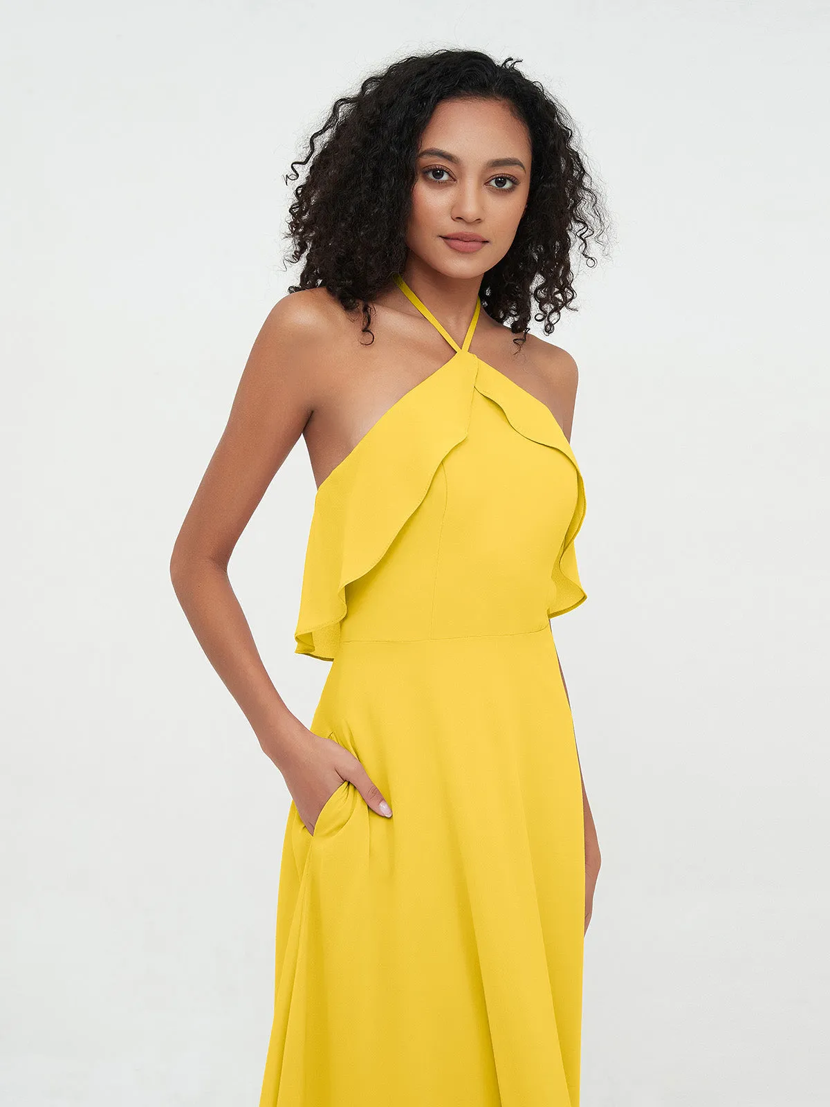 Halter Strap Chiffon Long Bridesmaid Dresses Marigold Plus Size