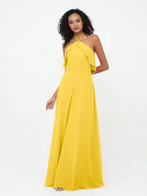Halter Strap Chiffon Long Bridesmaid Dresses Marigold Plus Size