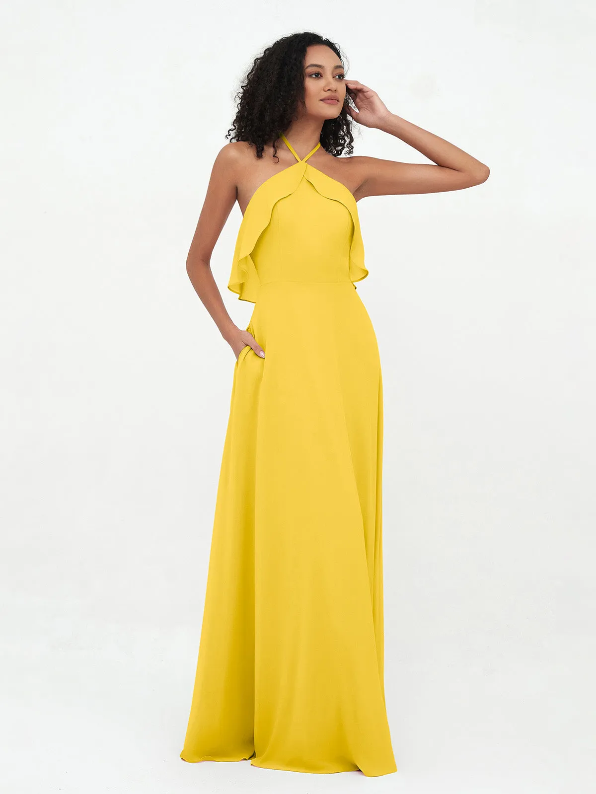 Halter Strap Chiffon Long Bridesmaid Dresses Marigold Plus Size