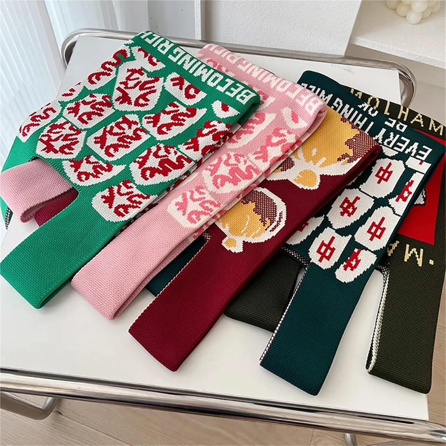 Handmade Knit Handbag Women Mini Knot Wrist-Bag Female Casual Color Wide Stripe Plaid Tote Bag Reusable Shopping Bag(Color-15)