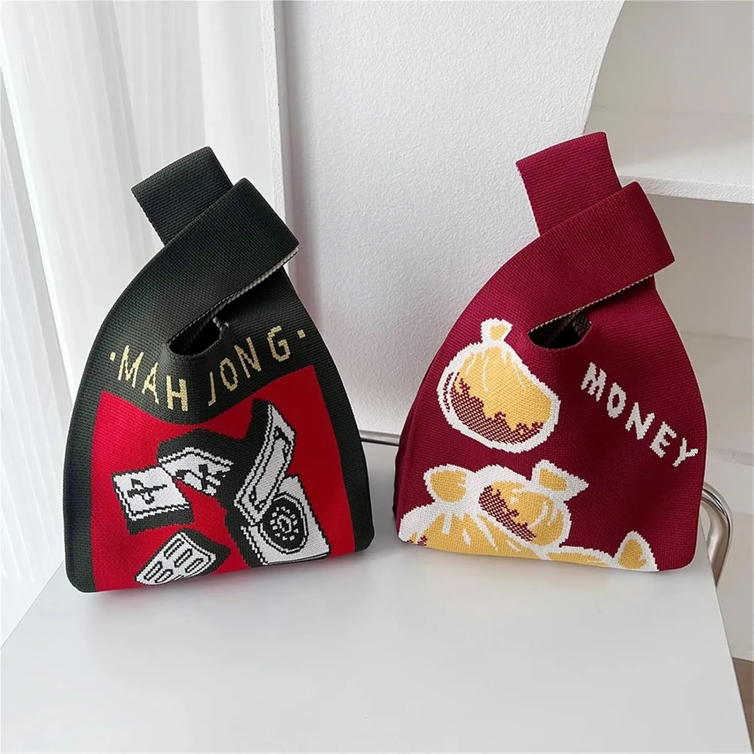 Handmade Knit Handbag Women Mini Knot Wrist-Bag Female Casual Color Wide Stripe Plaid Tote Bag Reusable Shopping Bag(Color-15)