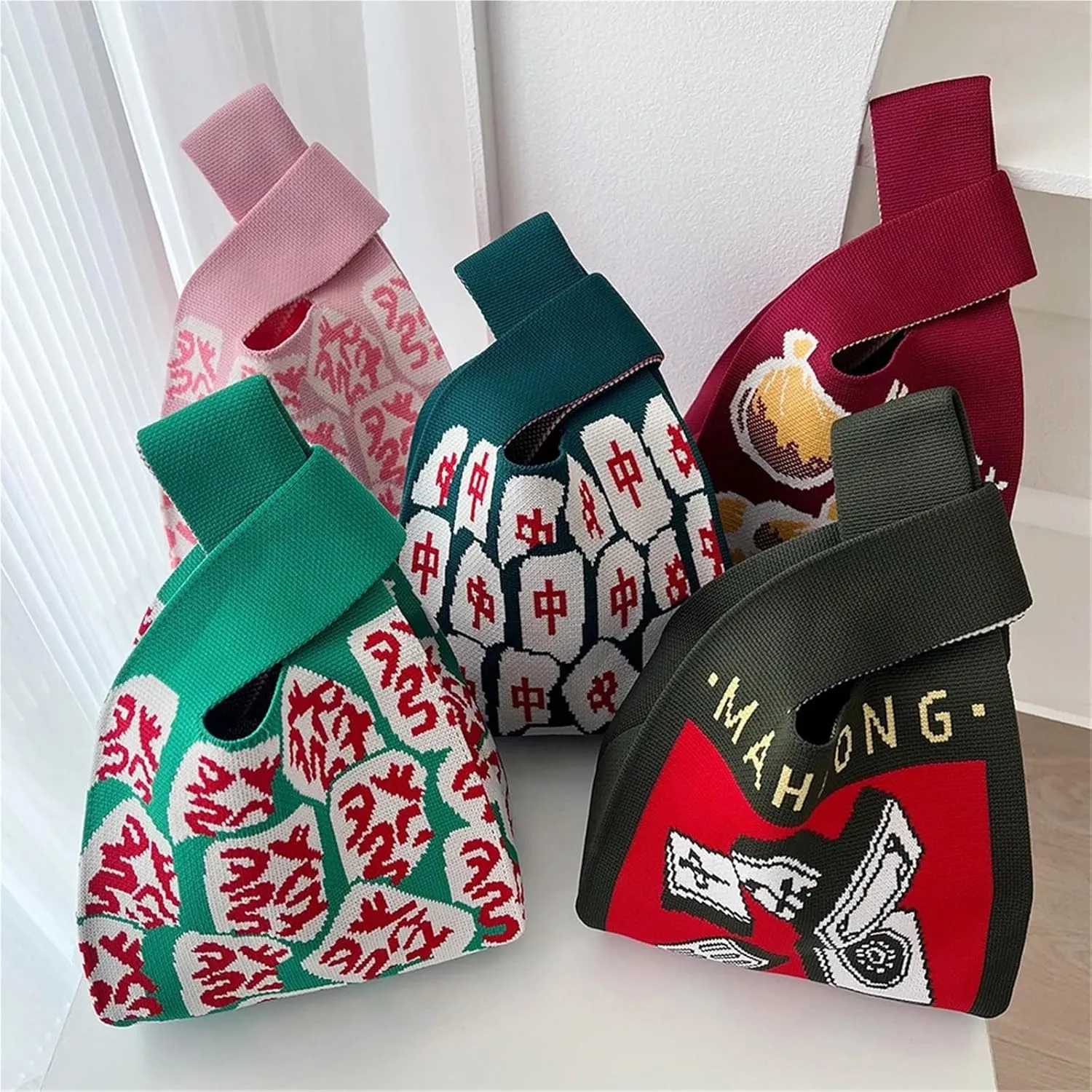 Handmade Knit Handbag Women Mini Knot Wrist-Bag Female Casual Color Wide Stripe Plaid Tote Bag Reusable Shopping Bag(Color-15)