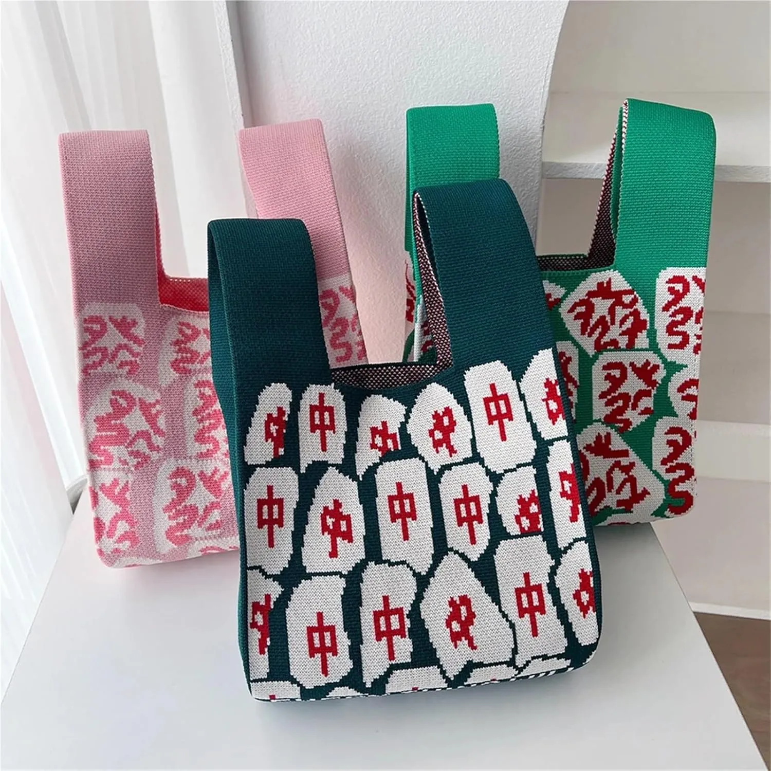 Handmade Knit Handbag Women Mini Knot Wrist-Bag Female Casual Color Wide Stripe Plaid Tote Bag Reusable Shopping Bag(Color-15)