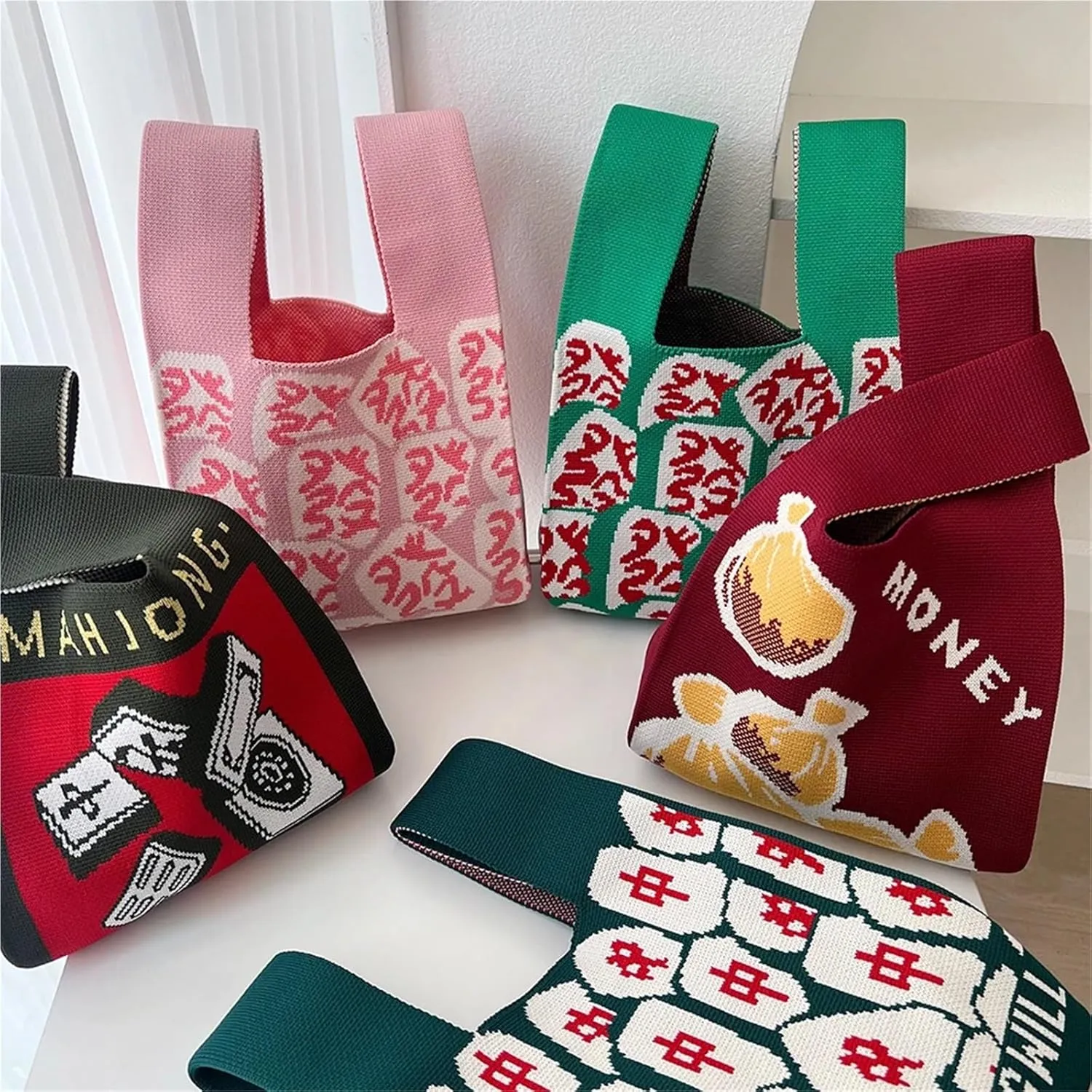 Handmade Knit Handbag Women Mini Knot Wrist-Bag Female Casual Color Wide Stripe Plaid Tote Bag Reusable Shopping Bag(Color-15)