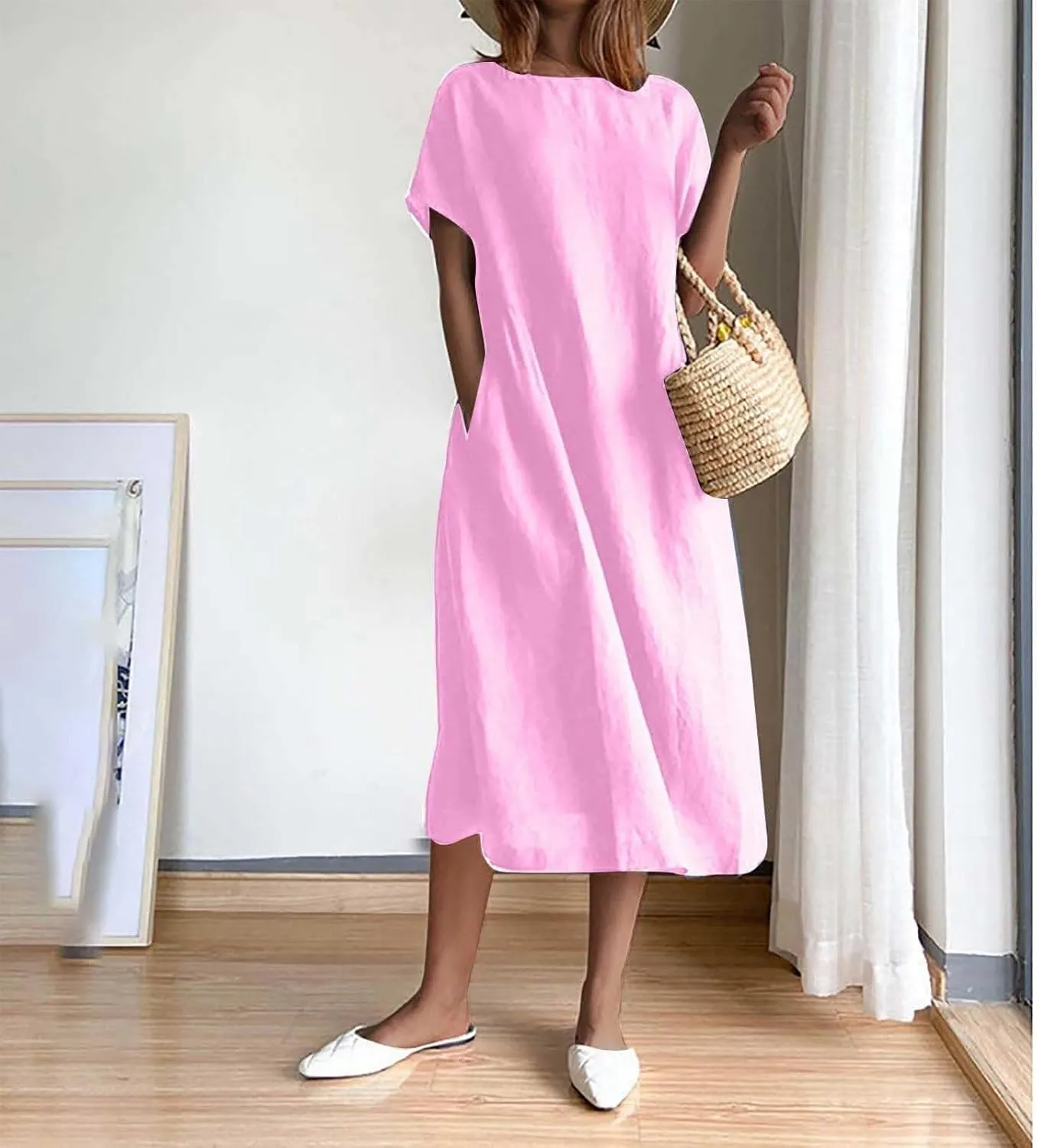 Hawaiian Dresses for Women Summer Casual Trendy Short Sleeve Crew Neck Solid Color Vacation Linen Dress, M-4XL