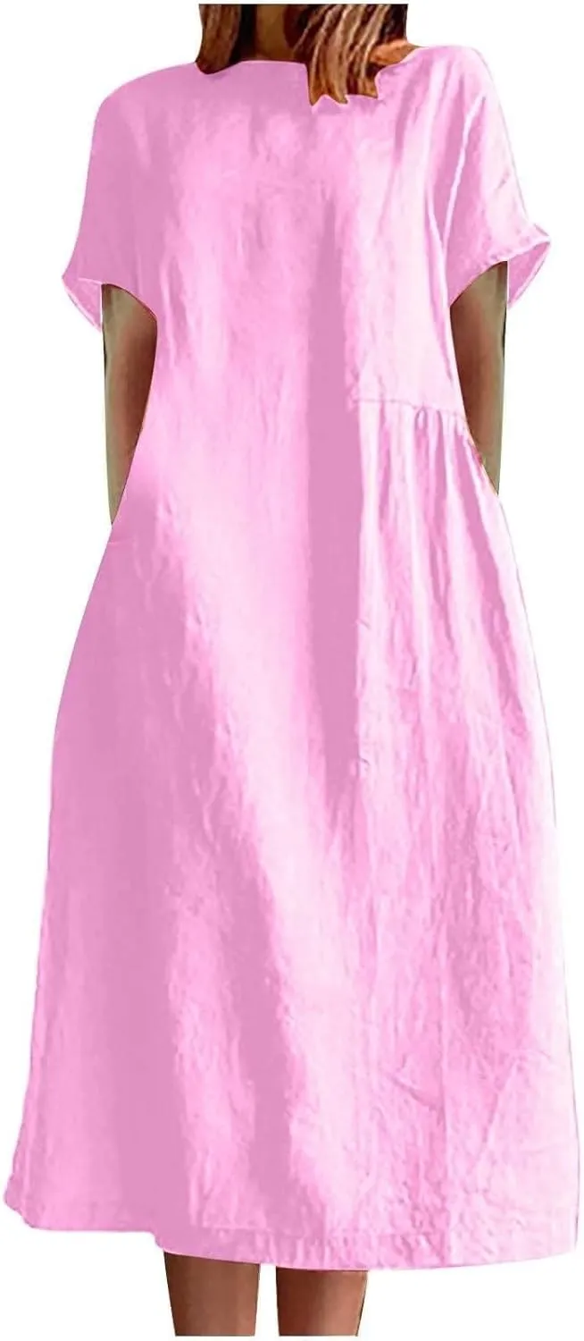 Hawaiian Dresses for Women Summer Casual Trendy Short Sleeve Crew Neck Solid Color Vacation Linen Dress, M-4XL