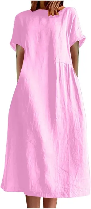Hawaiian Dresses for Women Summer Casual Trendy Short Sleeve Crew Neck Solid Color Vacation Linen Dress, M-4XL