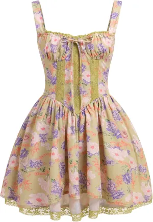IBTOM CASTLE Corset Mini Dress for Women: Boho Summer Floral Dress Sleeveless Spaghetti Straps Backless Casual Dress Lace Up Sundress Cottagecore Ruffle Short Beach Bustier Dresses Yellow Floral S