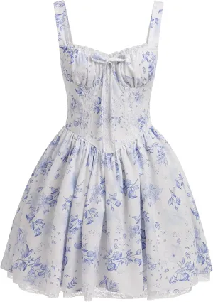 IBTOM CASTLE Corset Mini Dress for Women: Boho Summer Floral Dress Sleeveless Spaghetti Straps Backless Dress Lace Up Sundress Cottagecore Ruffle Short Beach Bustier Dresses White & Blue Floral M