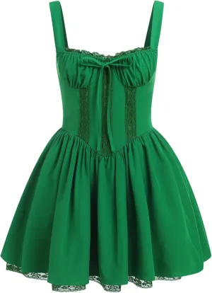 IBTOM CASTLE Corset Mini Dress for Women: Ladeis Boho Summer Floral Dress Sleeveless Spaghetti Straps Backless Casual Dress Lace Up Sundress Cottagecore Ruffle Short Beach Bustier Dresses Green S