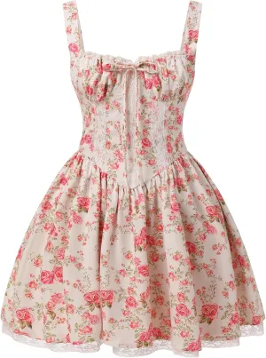 IBTOM CASTLE Corset Mini Dress for Women: Ladeis Boho Summer Floral Dress Sleeveless Spaghetti Straps Backless Dress Lace Up Sundress Cottagecore Ruffle Short Beach Bustier Dresses Pink Floral XL