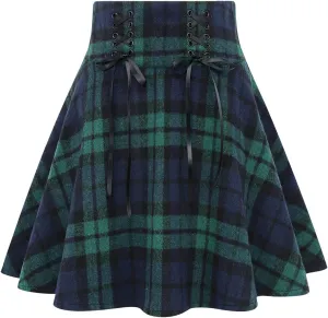 IDEALSANXUN Womens High Waist Lace Up Aline Pleated Wool Gothic Mini Plaid Skirts