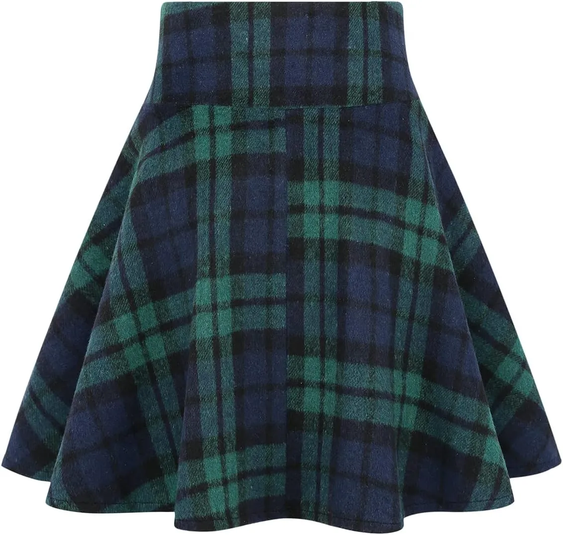 IDEALSANXUN Womens High Waist Lace Up Aline Pleated Wool Gothic Mini Plaid Skirts