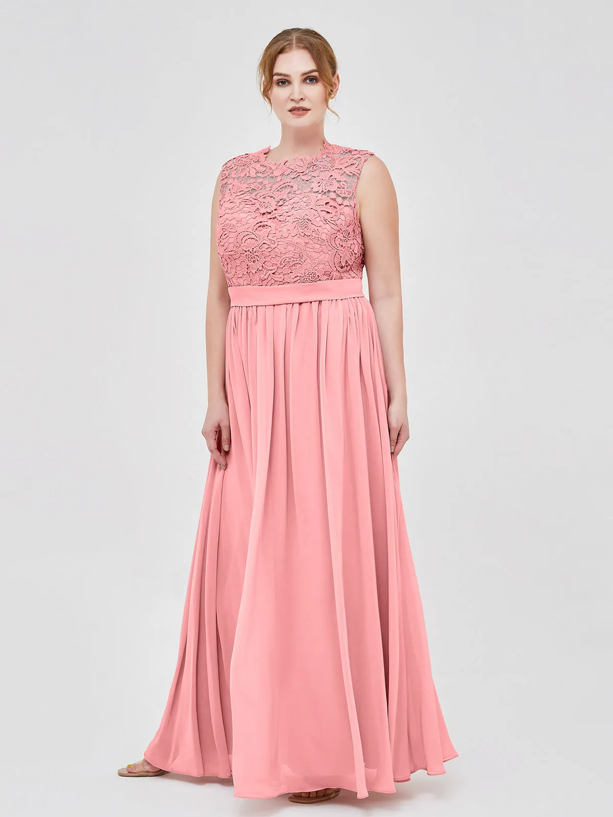 Illusion Neck Chiffon and Lace Dresses Flamingo