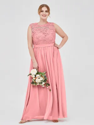 Illusion Neck Chiffon and Lace Dresses Flamingo