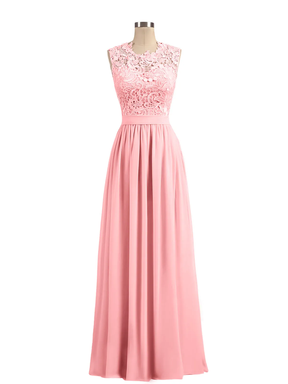 Illusion Neck Chiffon and Lace Dresses Flamingo