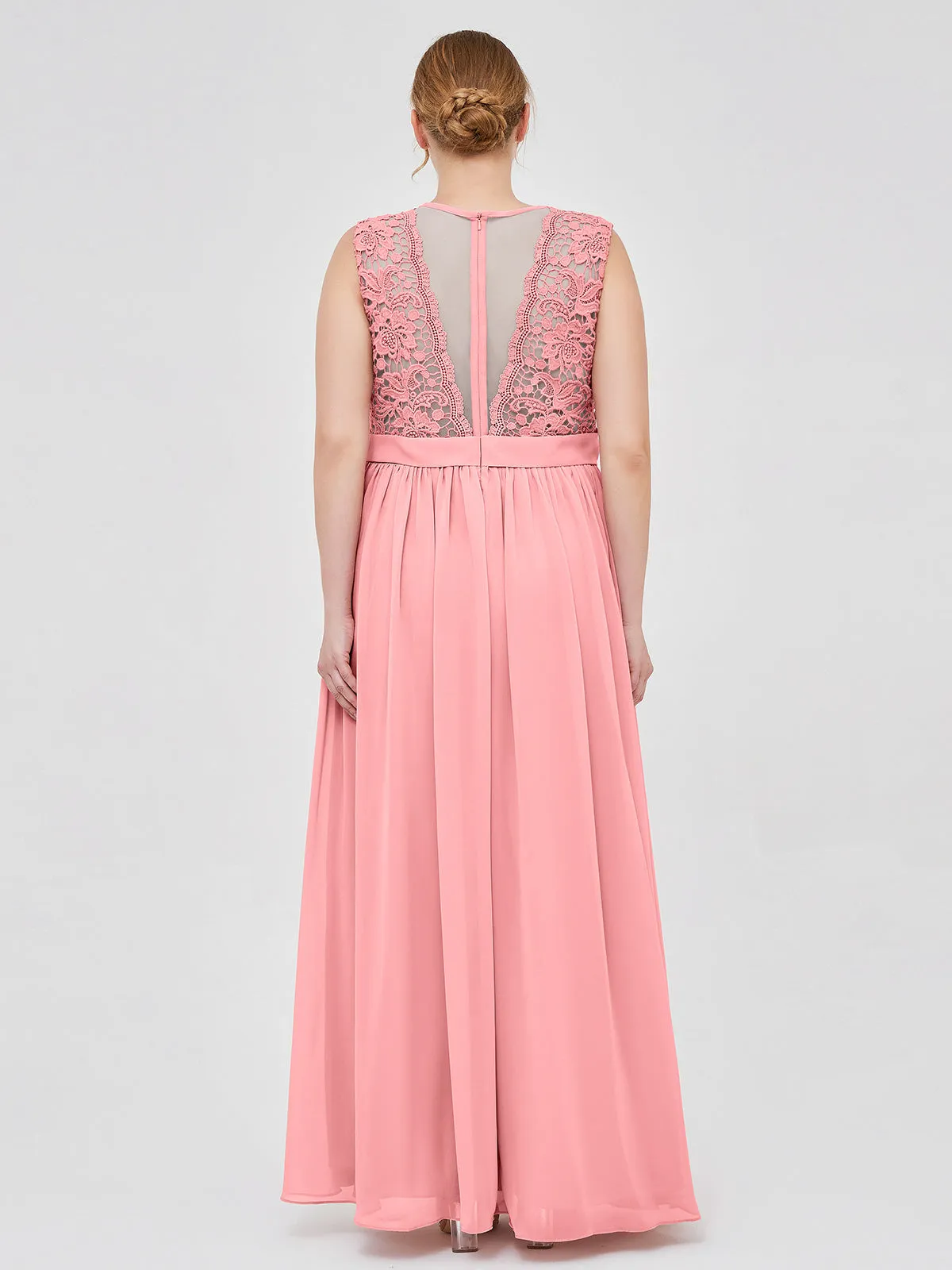 Illusion Neck Chiffon and Lace Dresses Flamingo