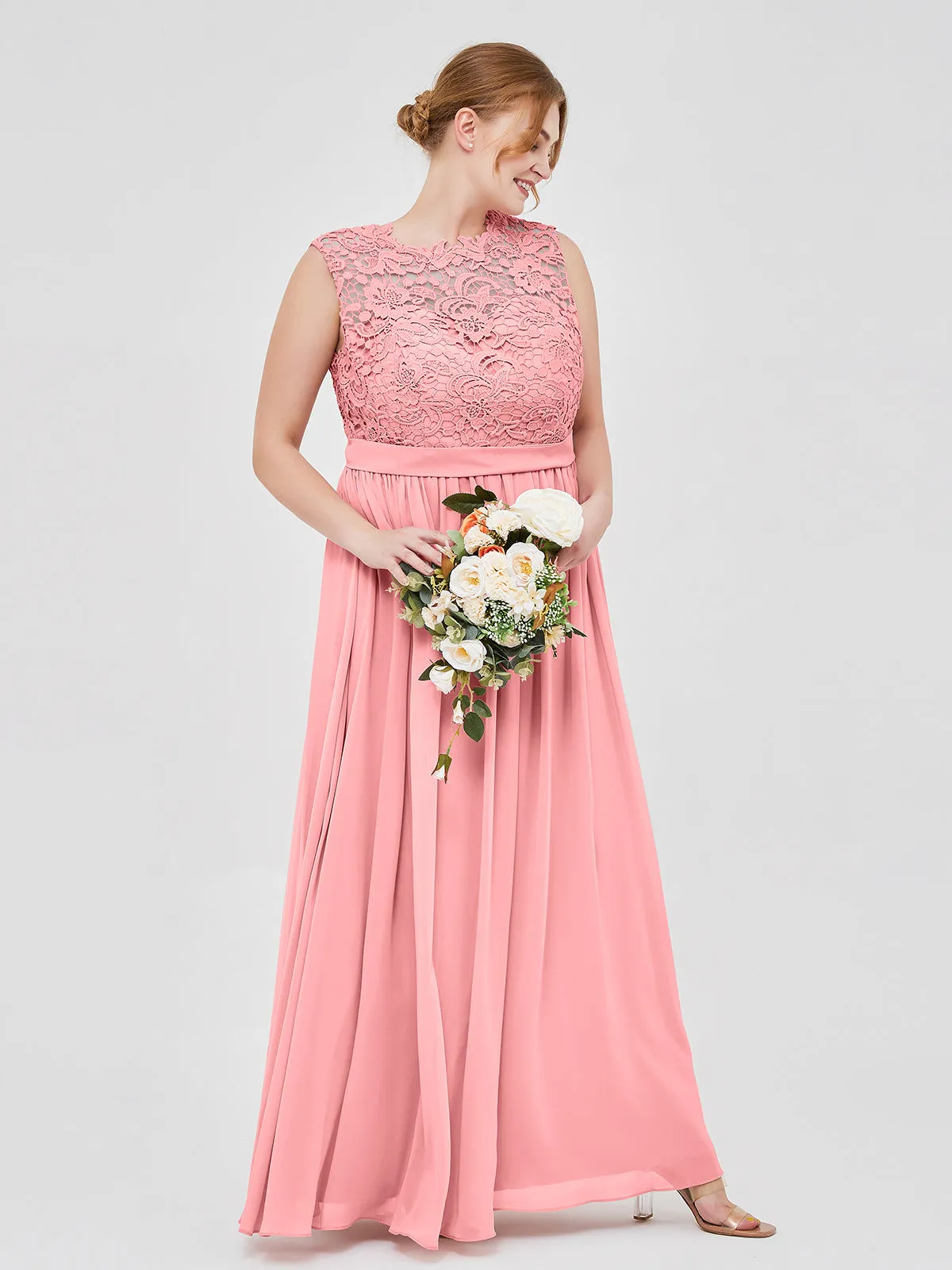 Illusion Neck Chiffon and Lace Dresses Flamingo