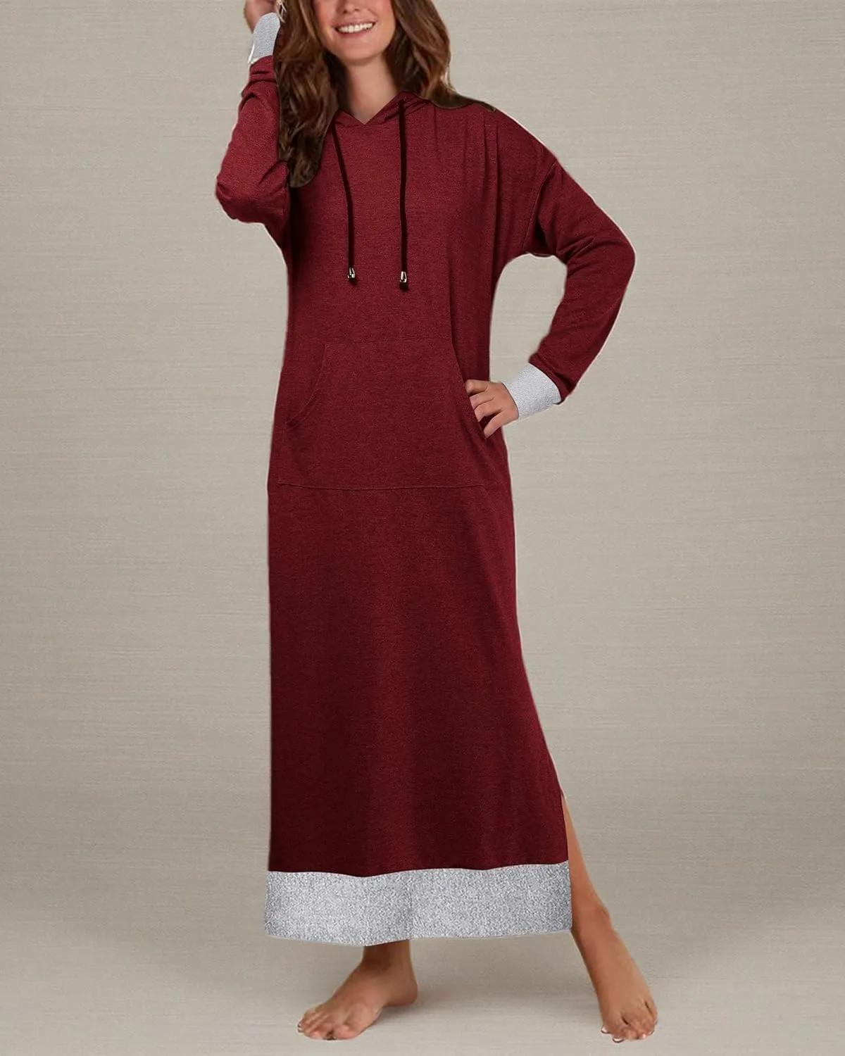 Jacansi Women's Long Sleeve Solid Loose Hooded Sweatshirt Maxi Dress with Pocket
