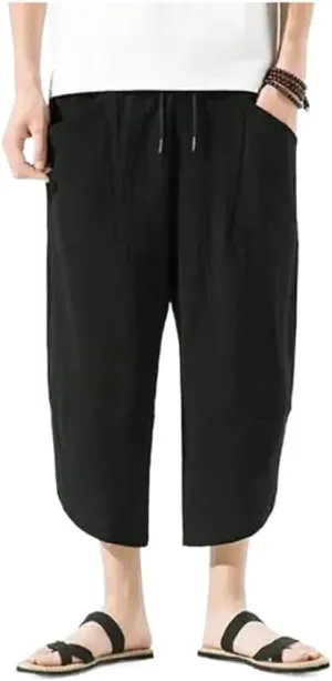Japanese Kimono Men' Cotton Linen Samurai Clothing Patchwork Print Retro Harem Pants Loose Shorts Hop s4 Black M