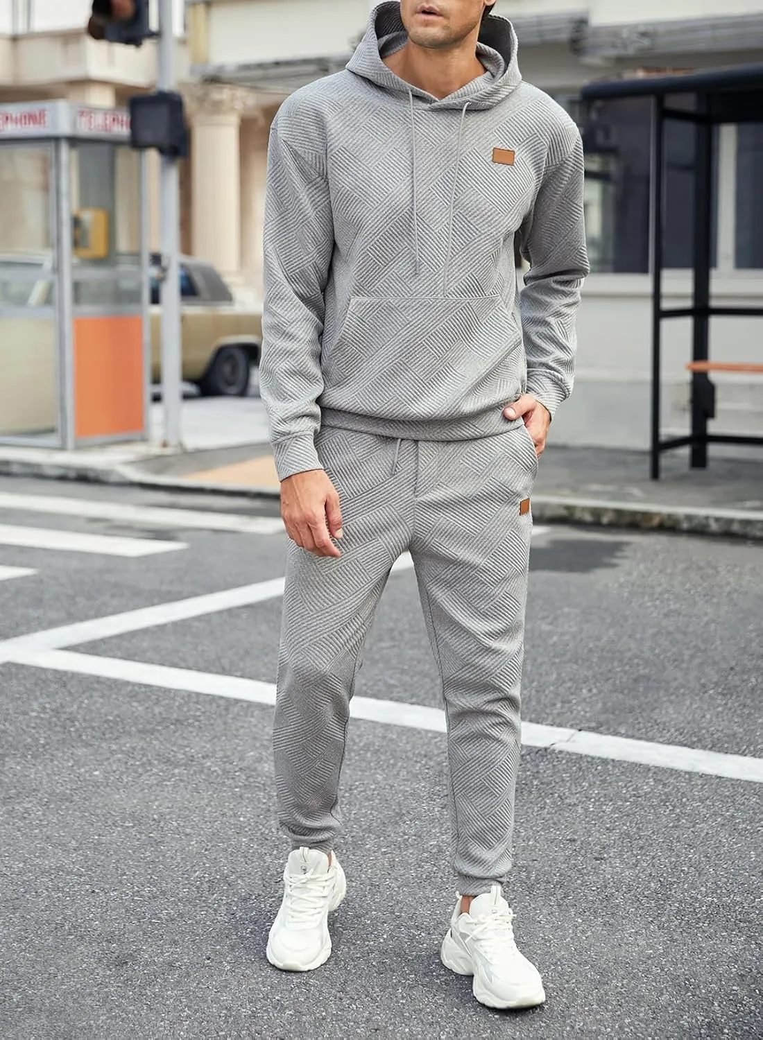 JMIERR Mens 2 Piece Jacquard Sweatsuit Outfits Hoodie Sweatshirt & Joggers Sweatpants Set Tracksuit
