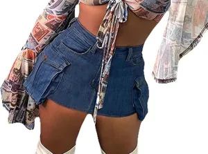 KELYWELL Women Denim Skorts Skirts Casual Pleated High Waisted Mini Skirts Shorts Jeans Summer Vintage Streetwear