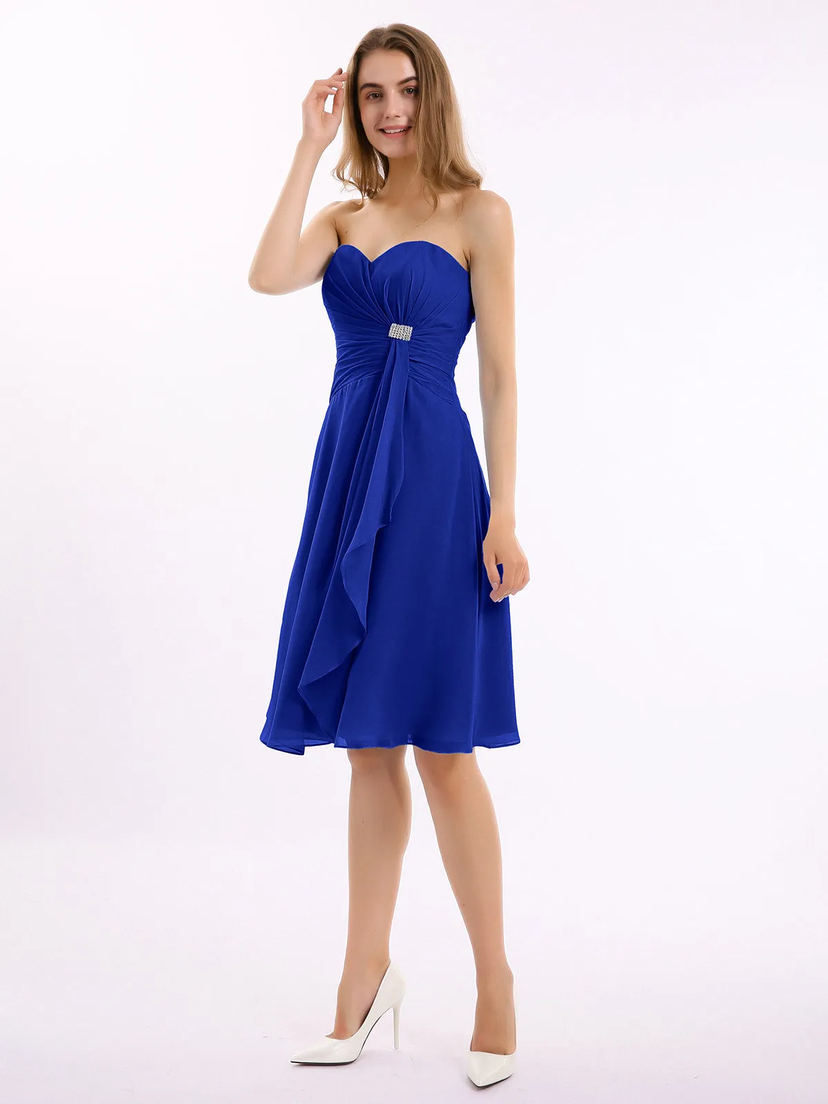 Knee Length Chiffon Dress with Sweetheart Neck-Royal Blue